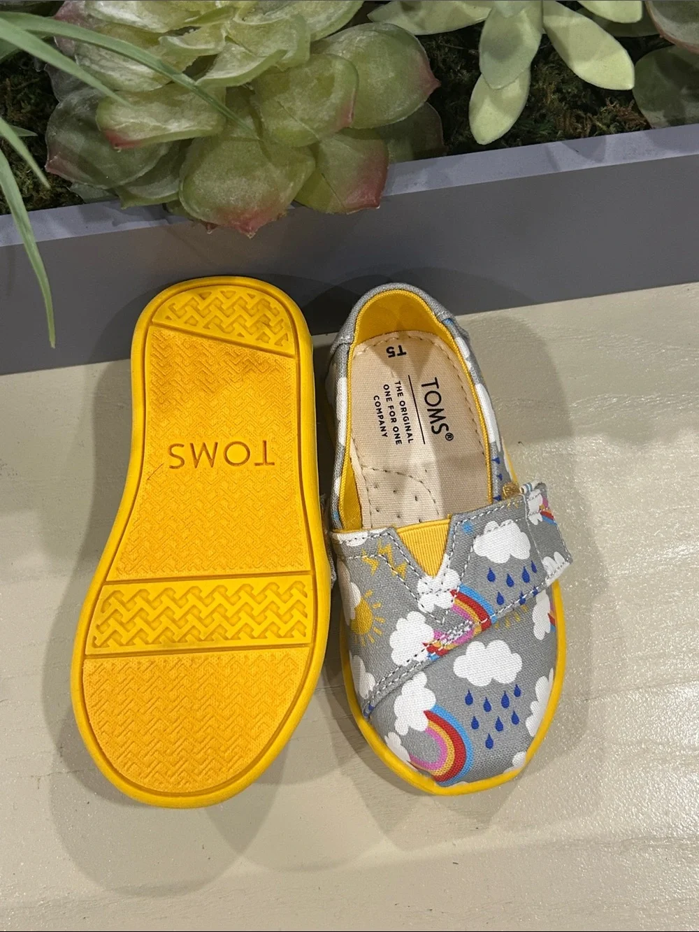 TOMS Kids Gray Canvas Slip-On Shoes with Rainbow & Yellow Trim
